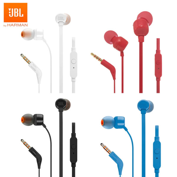 FONE DE OUVIDO JBL T110 nas cores branco, preto, azul e vermelho